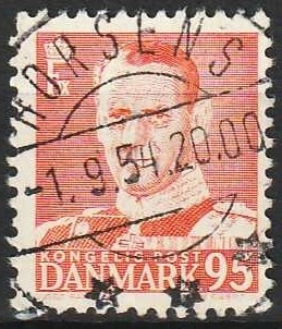 FRIMÆRKER DANMARK | 1952-53 - AFA 343 - Fr. IX 95 øre orangerød - Lux Stemplet Horsens